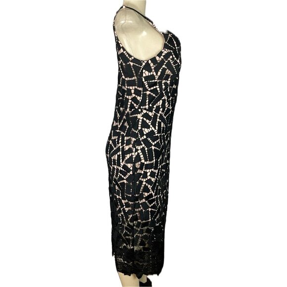 Xscape 8 Black/Nude Geometric Lace V-Neckline Sheer Hemline Midi Evening Dress - Picture 3 of 6
